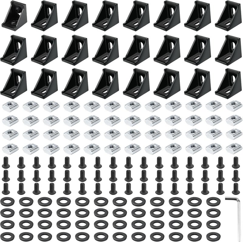 PETOX 24 Set Black 3030 Series Aluminum Extrusion Profile Connector, Includes 1pc Wrench, 24pcs 2835 Corner Bracket, 48pcs M6 T-Slot Sliding Nuts and Hex Screw Bolt for 20S Aluminum Rail Accessories - Image 1